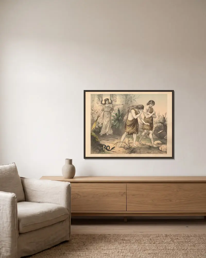 Die Vertreibung aus dem Paradies von Sandberg gerahmt an einer Wand