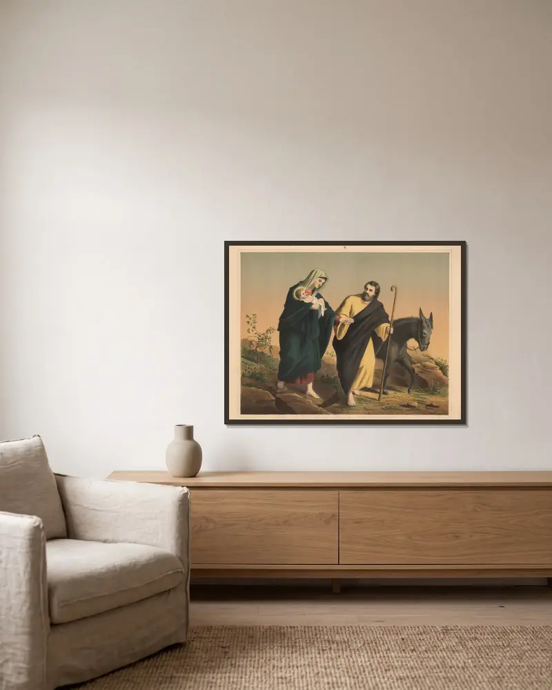 The Flight to Egypt av Sandberg inramad på en vägg