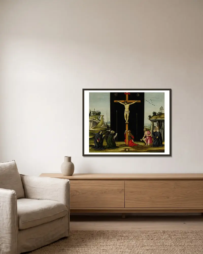 Christus am Kreuz, angebetet von den Heiligen Monica, Augustinus, Maria Magdalena, Hieronymus und Birgitta von Schweden von Sandro Botticelli gerahmt an einer Wand