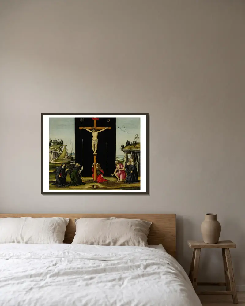 Christus am Kreuz, angebetet von den Heiligen Monica, Augustinus, Maria Magdalena, Hieronymus und Birgitta von Schweden von Sandro Botticelli gerahmt an einer Wand