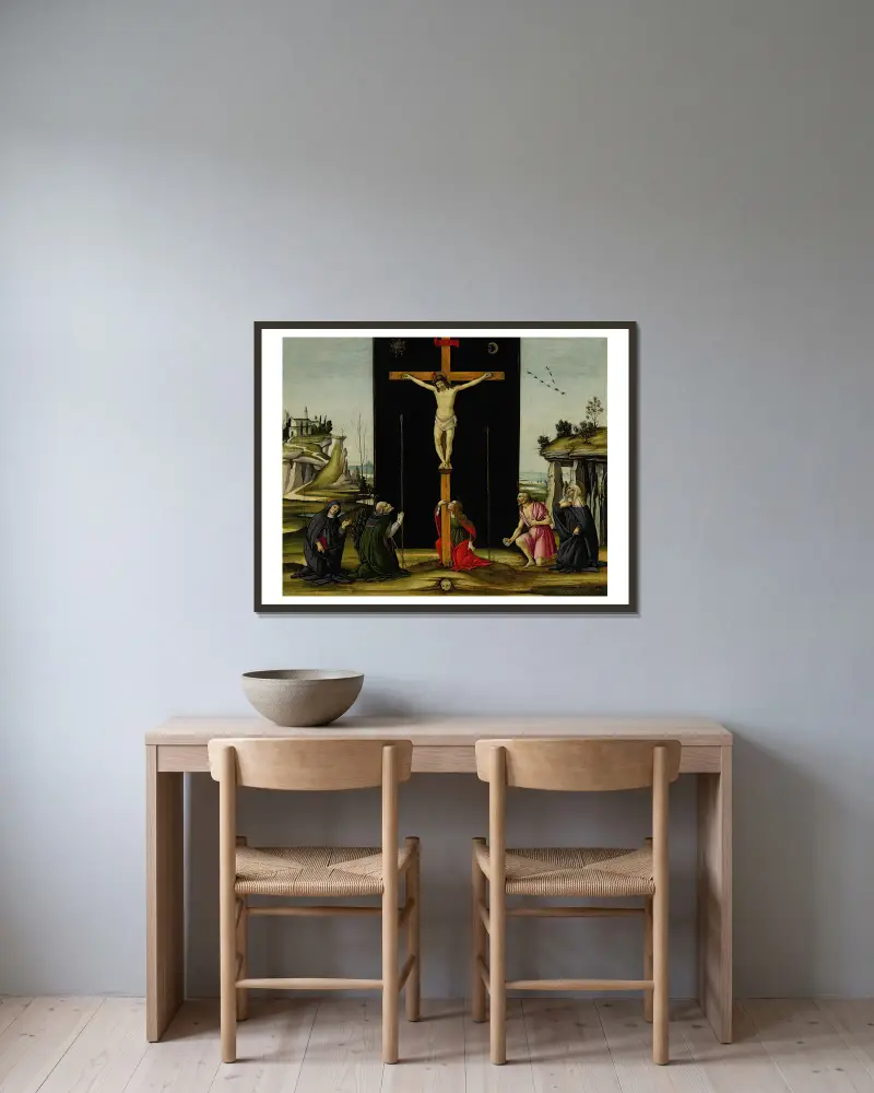 Christus am Kreuz, angebetet von den Heiligen Monica, Augustinus, Maria Magdalena, Hieronymus und Birgitta von Schweden von Sandro Botticelli gerahmt an einer Wand