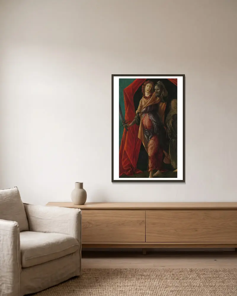 Judith mit dem Haupt des Holofernes von Sandro Botticelli gerahmt an einer Wand