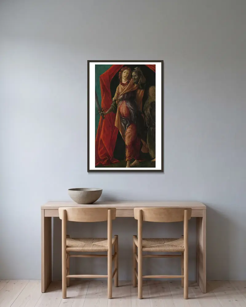 Judith mit dem Haupt des Holofernes von Sandro Botticelli gerahmt an einer Wand