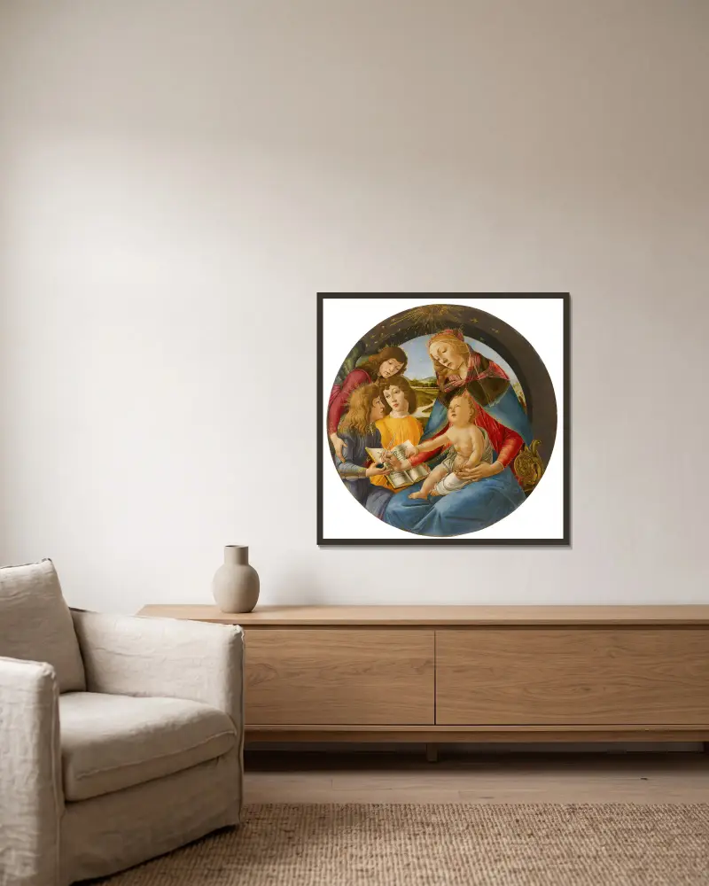 Madonna of the Magnificat av Sandro Botticelli inramad på en vägg