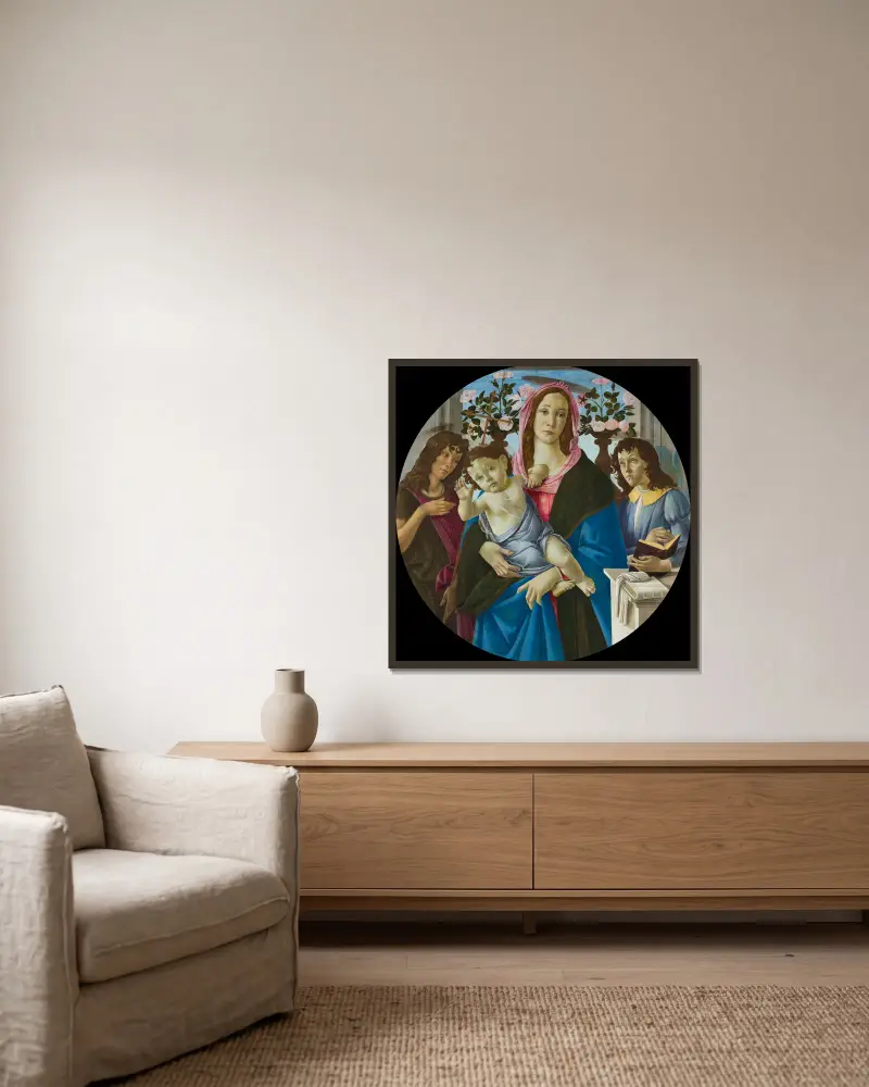 Madonna with Child, St. John the Baptist and Angel av Sandro Botticelli inramad på en vägg