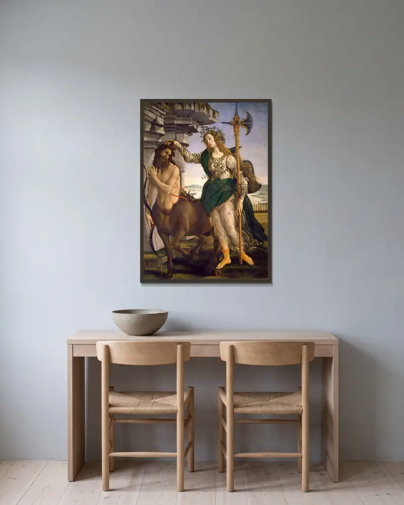 Pallas And The Centaur av Sandro Botticelli inramad på en vägg