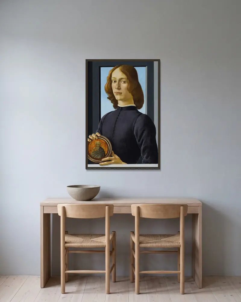 Portrait of a young man holding a roundel av Sandro Botticelli inramad på en vägg