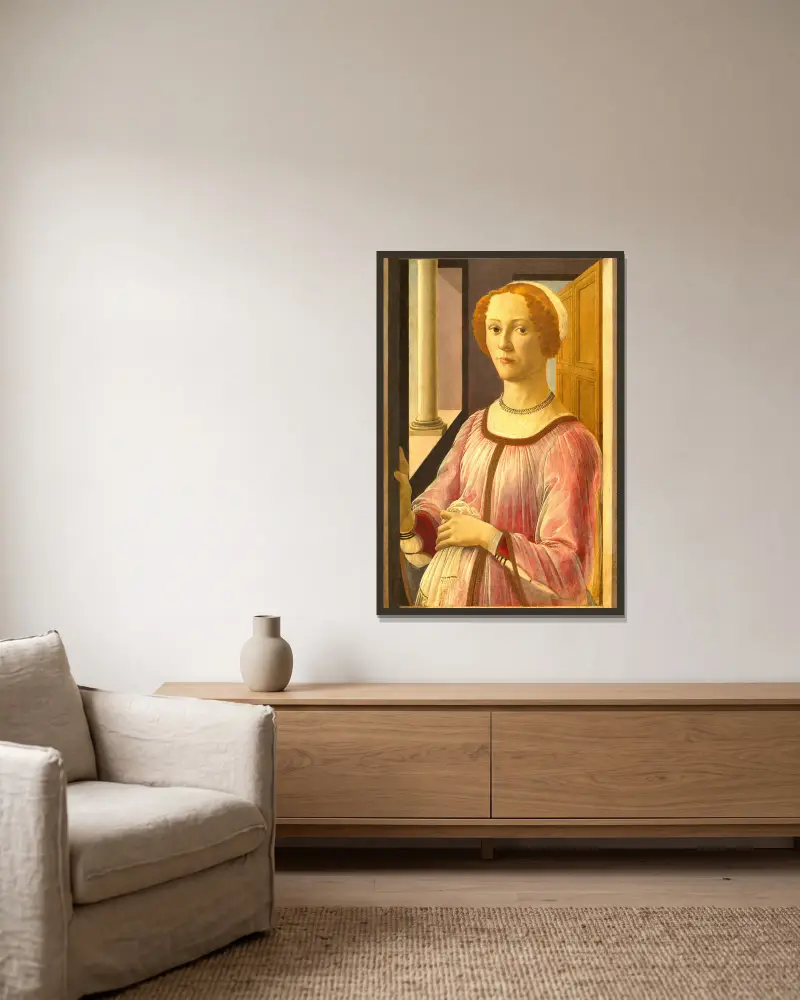 Porträtt av Smeralda Bandinelli av Sandro Botticelli inramad på en vägg