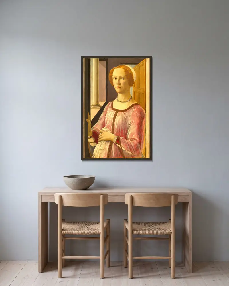 Porträtt av Smeralda Bandinelli av Sandro Botticelli inramad på en vägg