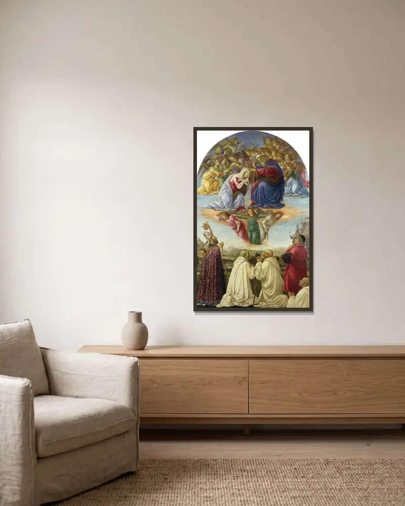 Jungfru Marie kröning av Sandro Botticelli inramad på en vägg