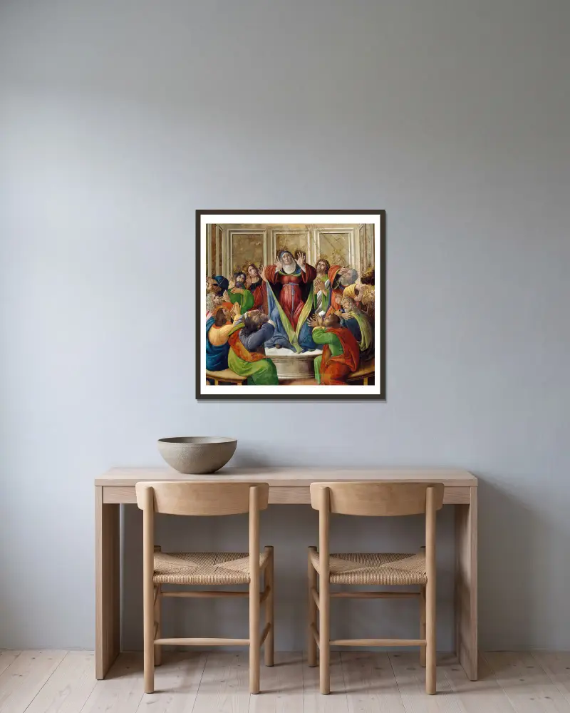Die Ausgießung des Heiligen Geistes von Sandro Botticelli gerahmt an einer Wand