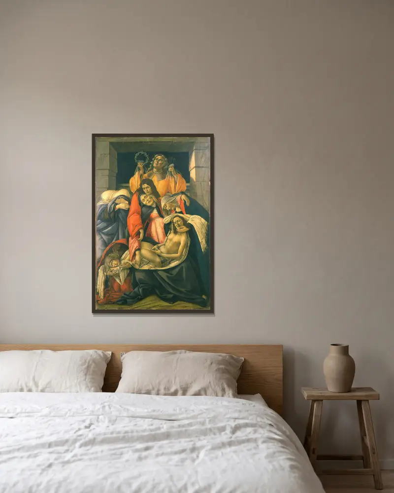 The Lamentation over the Dead Christ av Sandro Botticelli inramad på en vägg