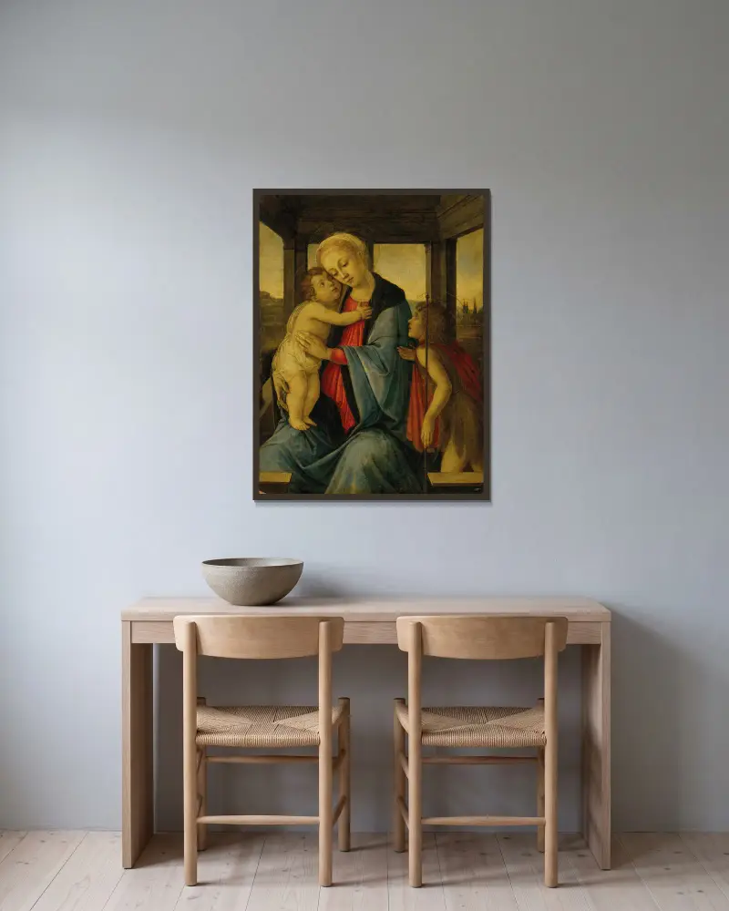 Madonnan med barnet och den unge Johannes Döparen av Sandro Botticelli inramad på en vägg