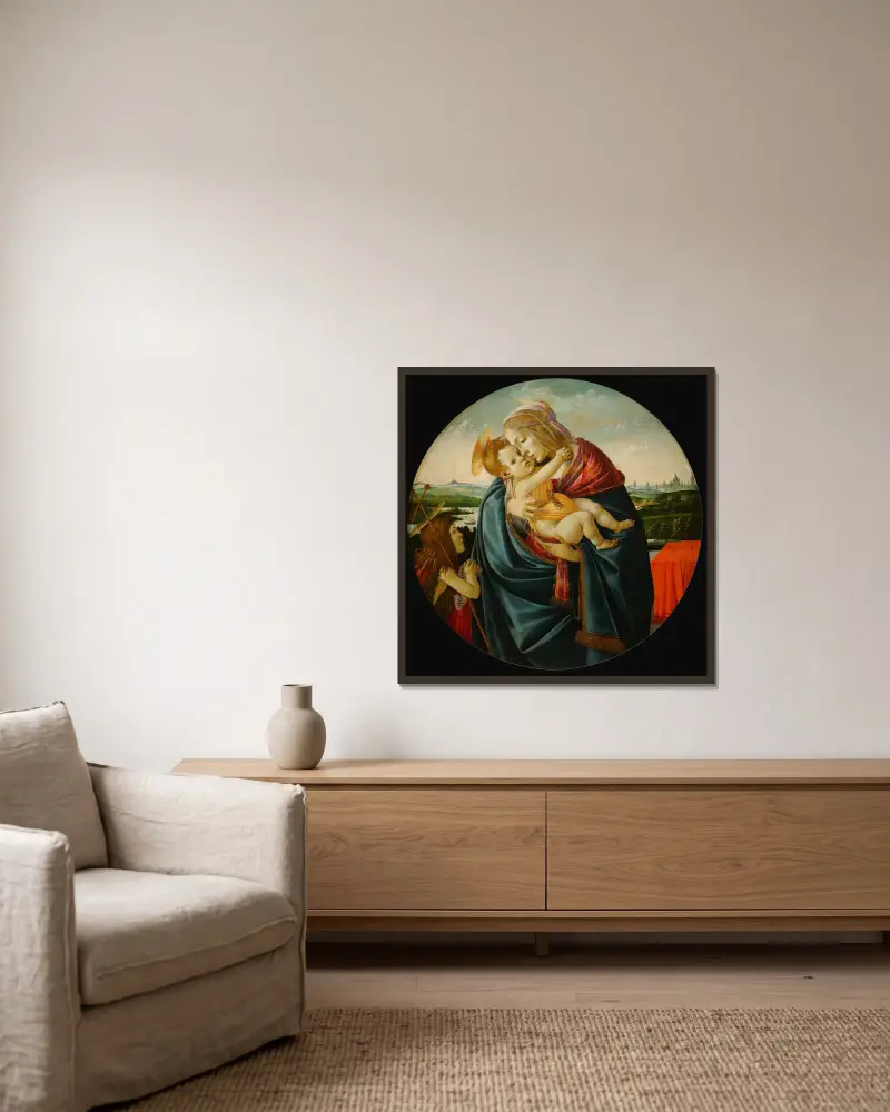 Jungfrun och barnet med Johannes Döparen av Sandro Botticelli inramad på en vägg