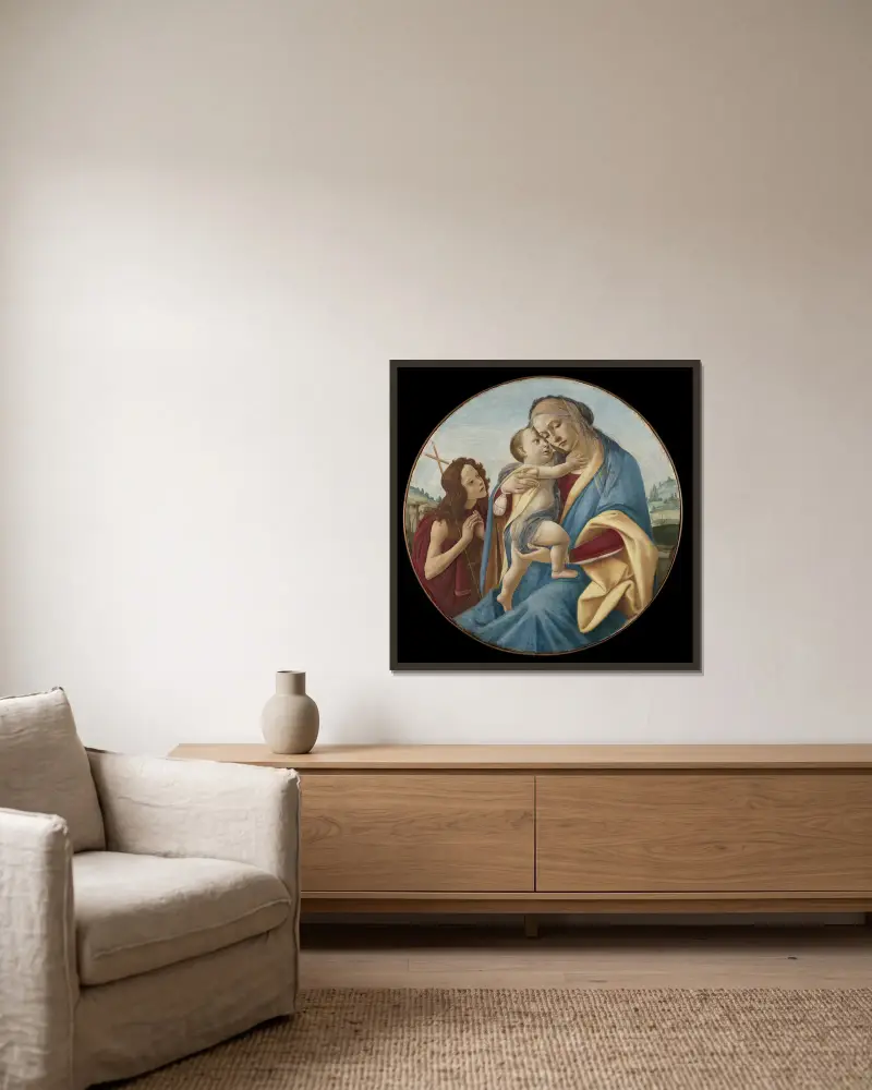 Madonnan och barnet med den unge Johannes Döparen av Sandro Botticelli inramad på en vägg