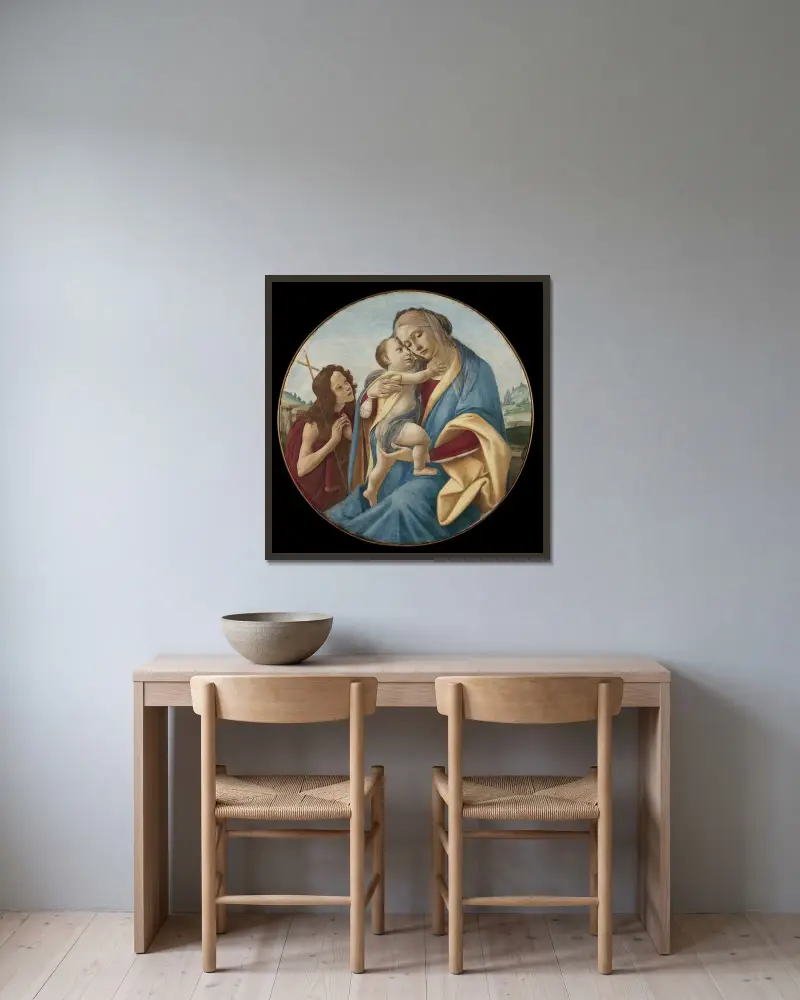 Madonnan och barnet med den unge Johannes Döparen av Sandro Botticelli inramad på en vägg