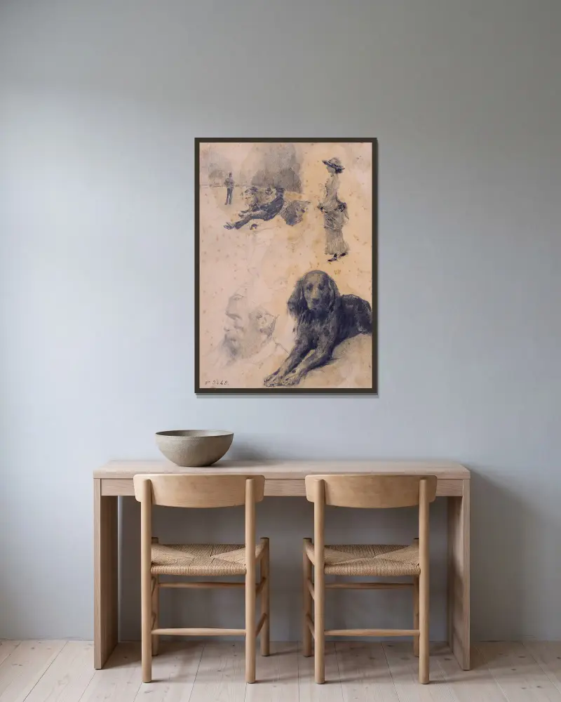 Figurstudier och studie av en hund av Santiago Rusiñol inramad på en vägg