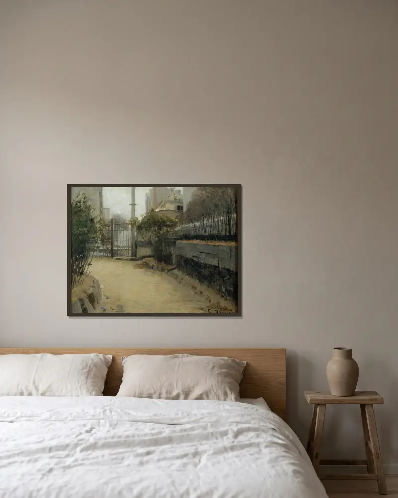 Trädgård i Montmartre av Santiago Rusiñol inramad på en vägg