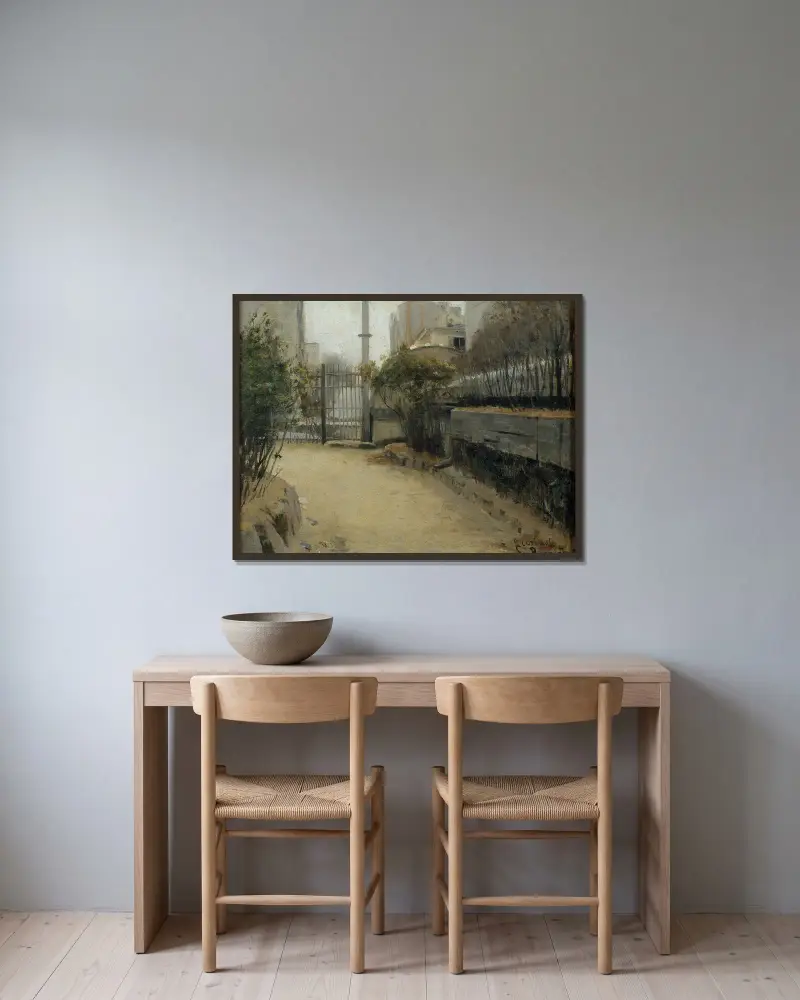 Trädgård i Montmartre av Santiago Rusiñol inramad på en vägg