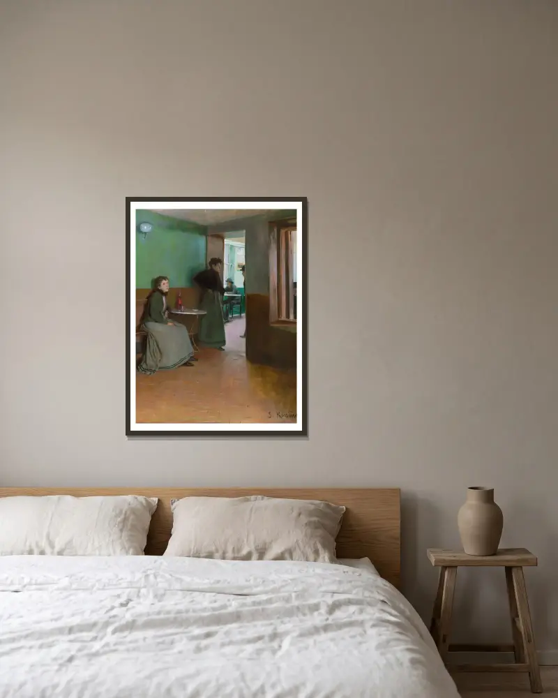 Kaféinteriör av Santiago Rusiñol inramad på en vägg