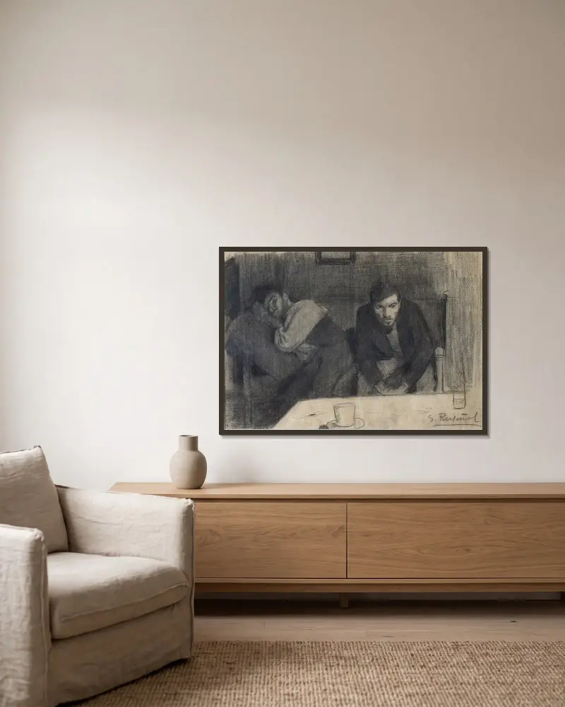 Porträtt av skulptören Carles Mani och målaren Pere Ferran av Santiago Rusiñol inramad på en vägg