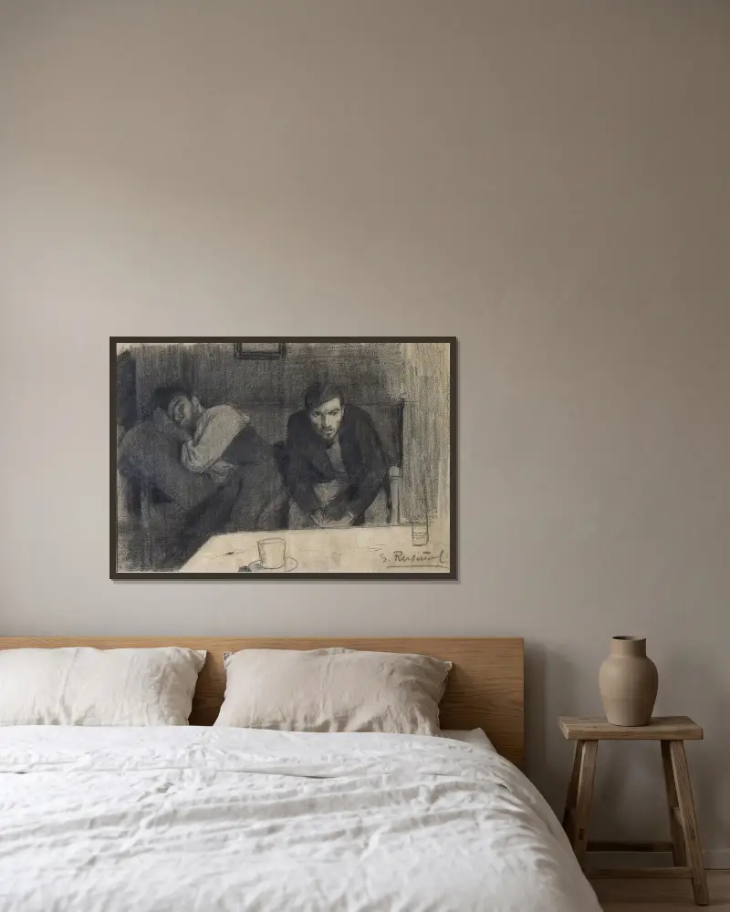 Porträtt av skulptören Carles Mani och målaren Pere Ferran av Santiago Rusiñol inramad på en vägg
