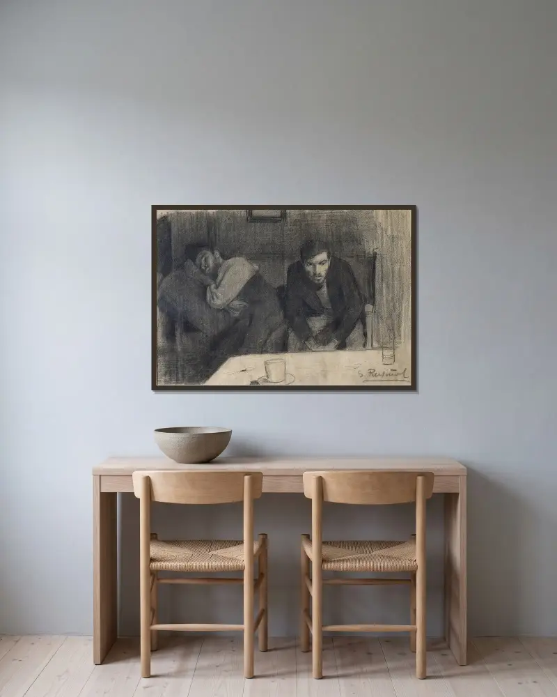 Porträtt av skulptören Carles Mani och målaren Pere Ferran av Santiago Rusiñol inramad på en vägg