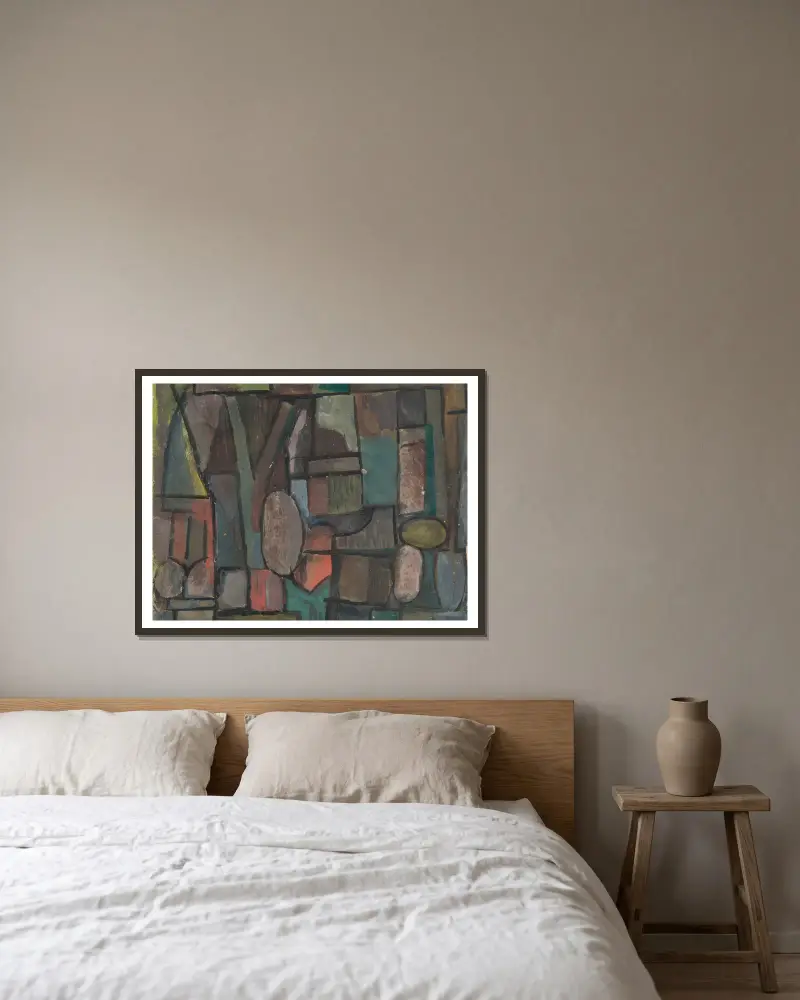 Abstrakte Komposition von Sasza Blonder gerahmt an einer Wand