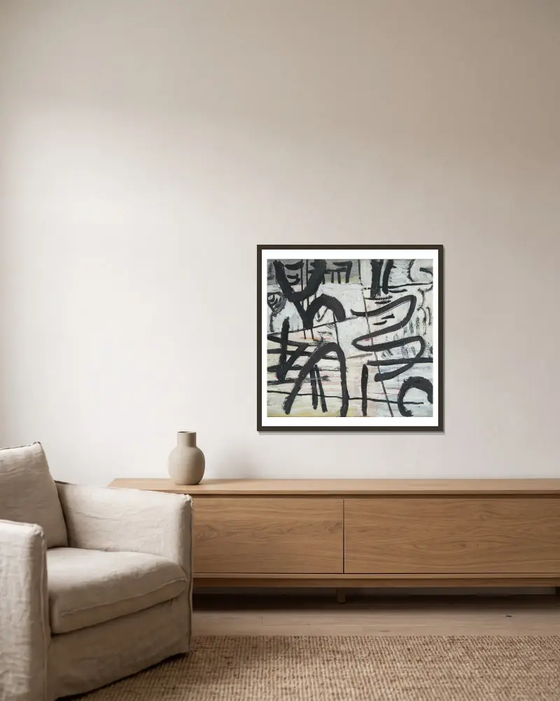 Abstrakte Komposition mit schwarzen Linien von Sasza Blonder gerahmt an einer Wand