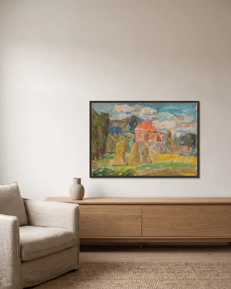 Landschaft mit rotem Haus von Sasza Blonder gerahmt an einer Wand
