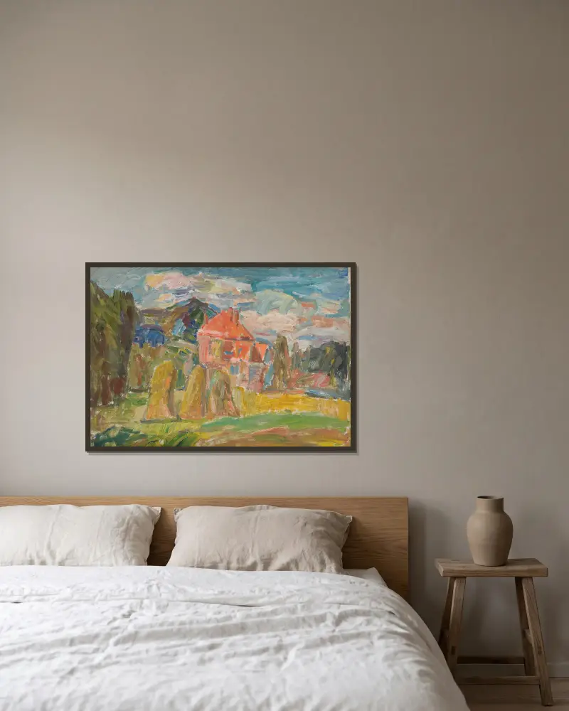 Landschaft mit rotem Haus von Sasza Blonder gerahmt an einer Wand