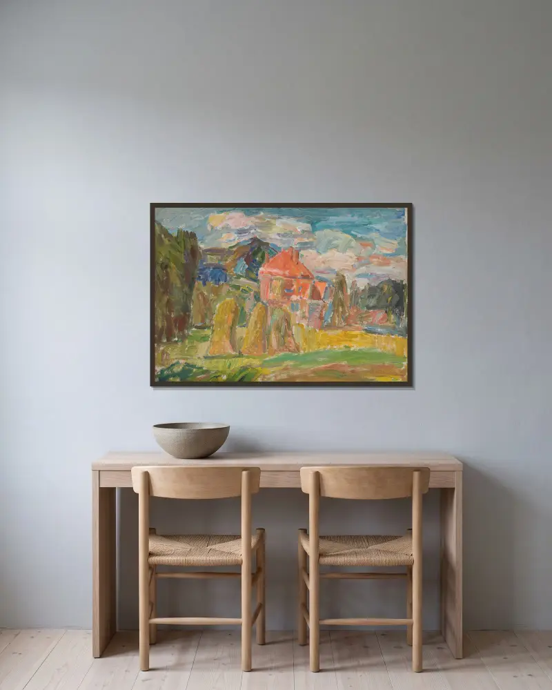 Landschaft mit rotem Haus von Sasza Blonder gerahmt an einer Wand