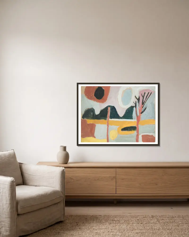 Stilisierte Landschaft mit Baum von Sasza Blonder gerahmt an einer Wand