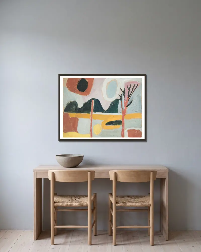 Stilisierte Landschaft mit Baum von Sasza Blonder gerahmt an einer Wand