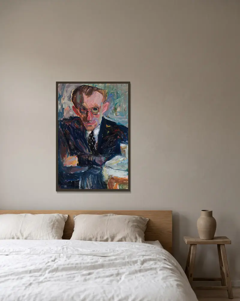 Porträtt av en man med glasögon av Sasza Blonder inramad på en vägg