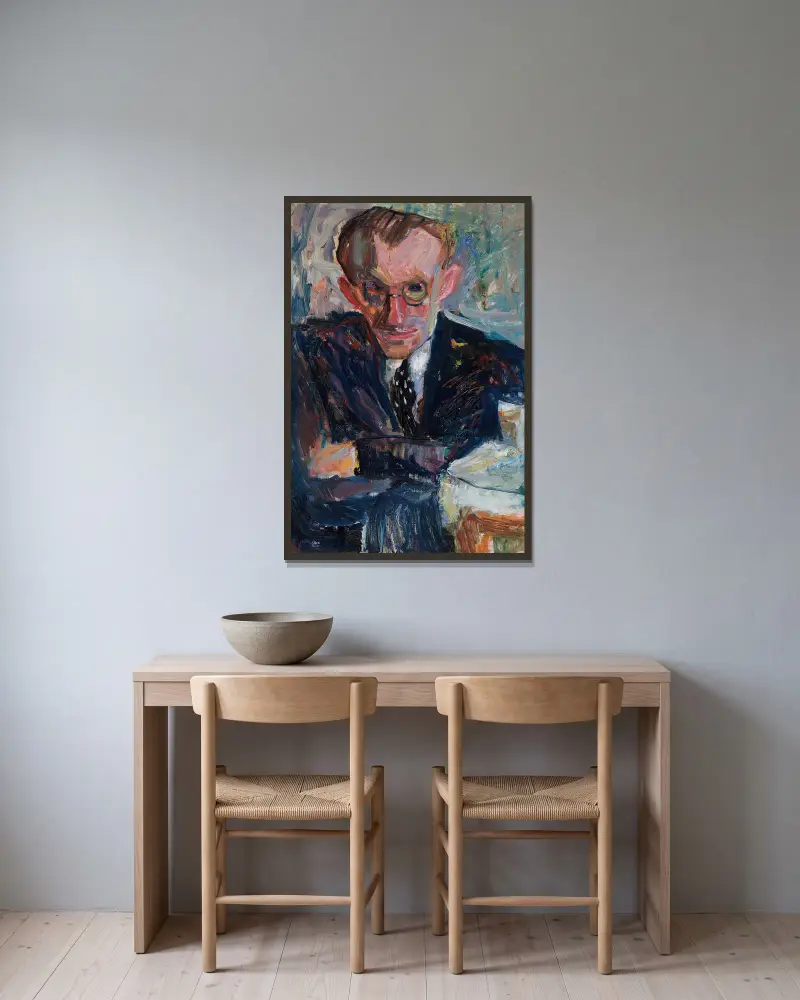 Porträtt av en man med glasögon av Sasza Blonder inramad på en vägg