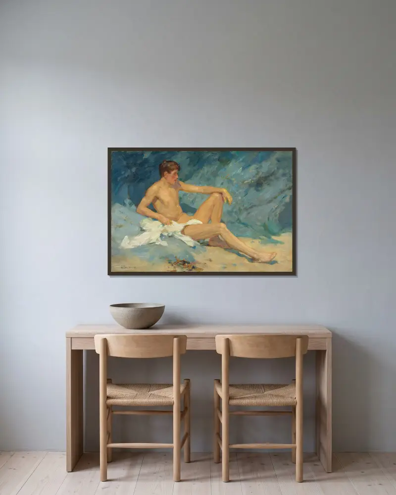 En liggande manlig nakenstudie på klippor av Henry Scott Tuke inramad på en vägg