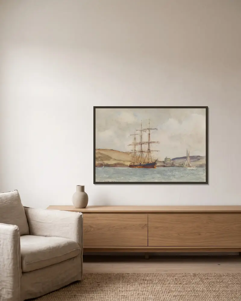 Ein Dreimaster vor St. Catherine's Castle, Fowey von Henry Scott Tuke gerahmt an einer Wand