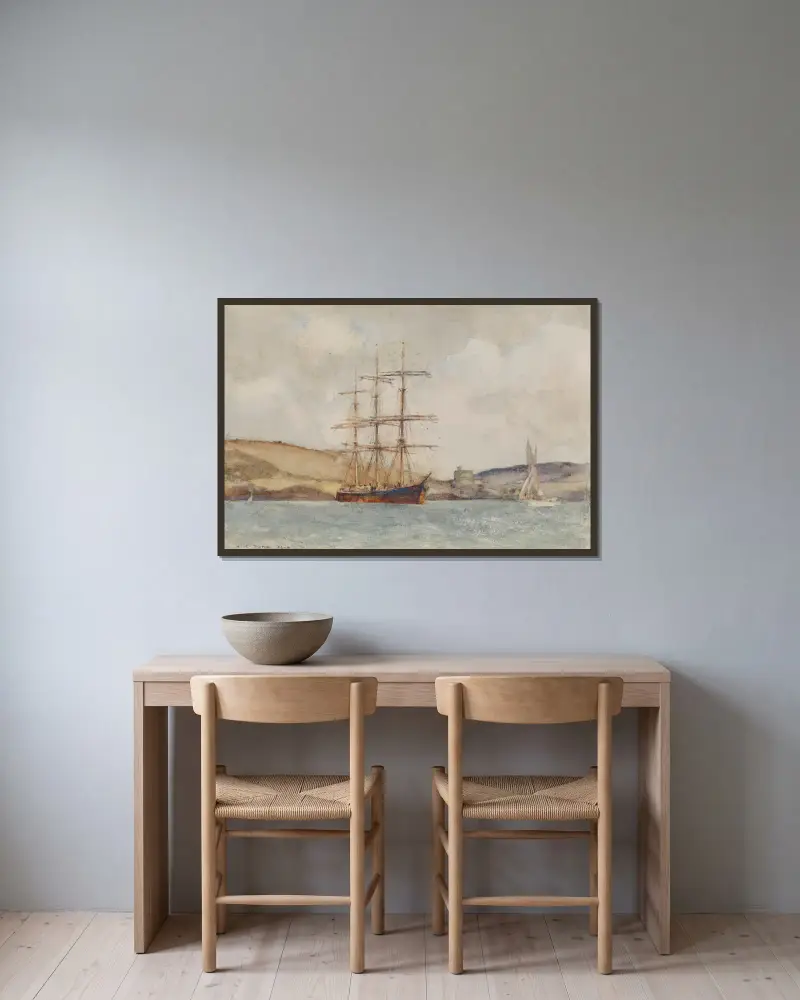 Ein Dreimaster vor St. Catherine's Castle, Fowey von Henry Scott Tuke gerahmt an einer Wand