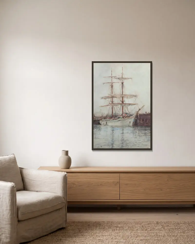 En windjammer förtöjd i Falmouths hamn av Henry Scott Tuke inramad på en vägg