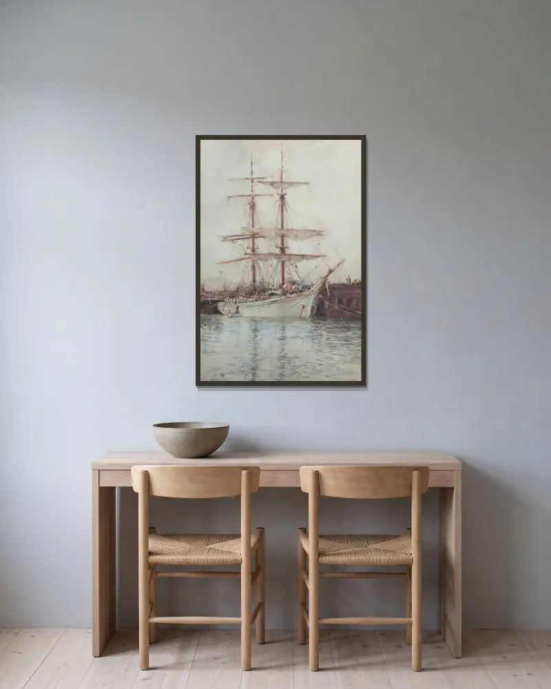 En windjammer förtöjd i Falmouths hamn av Henry Scott Tuke inramad på en vägg