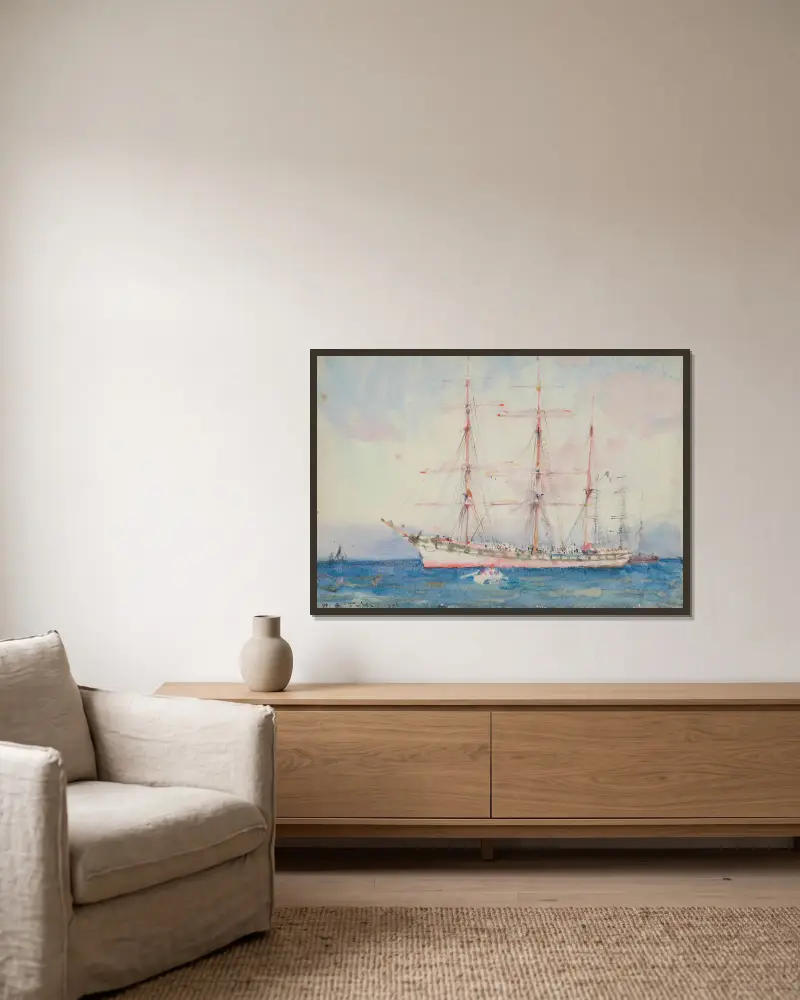 Fransk seglare för ankar, signerad och otydligt av Henry Scott Tuke inramad på en vägg