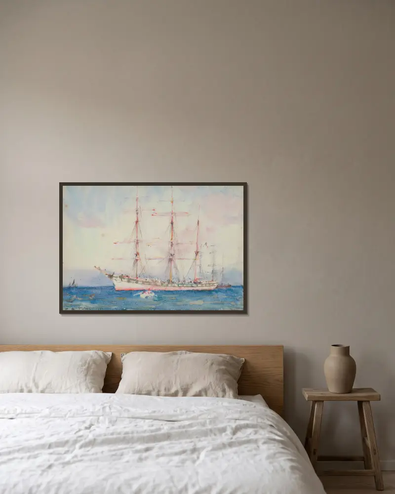 Fransk seglare för ankar, signerad och otydligt av Henry Scott Tuke inramad på en vägg