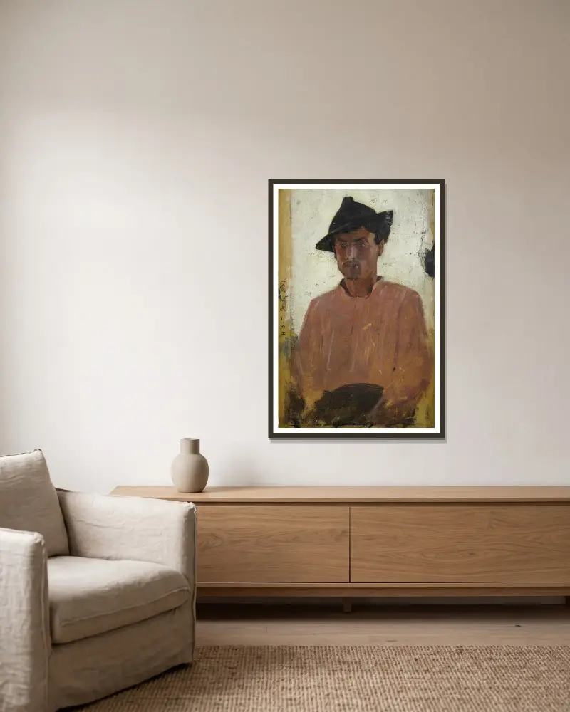 Italienischer Mann mit Hut von Henry Scott Tuke gerahmt an einer Wand
