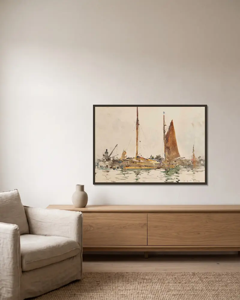 Lowestoft-Fischerboote vertäut in Falmouth von Henry Scott Tuke gerahmt an einer Wand
