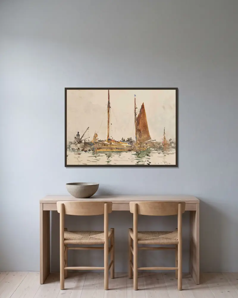 Lowestoft-Fischerboote vertäut in Falmouth von Henry Scott Tuke gerahmt an einer Wand