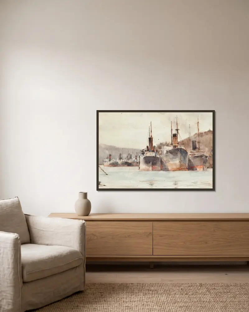 Fartyg förtöjda nära King Harry Ferry, på floden Fal av Henry Scott Tuke inramad på en vägg