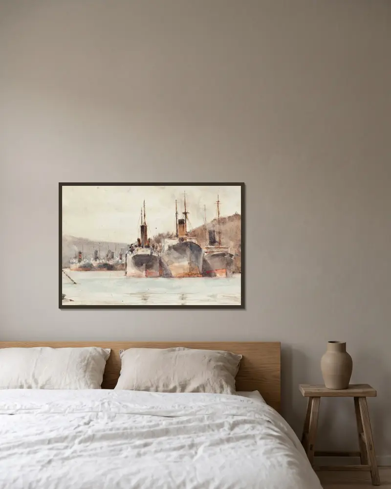 Fartyg förtöjda nära King Harry Ferry, på floden Fal av Henry Scott Tuke inramad på en vägg