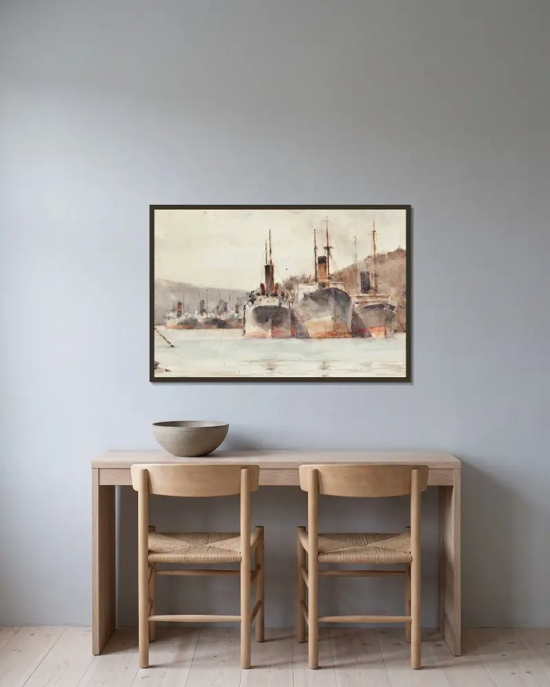 Fartyg förtöjda nära King Harry Ferry, på floden Fal av Henry Scott Tuke inramad på en vägg