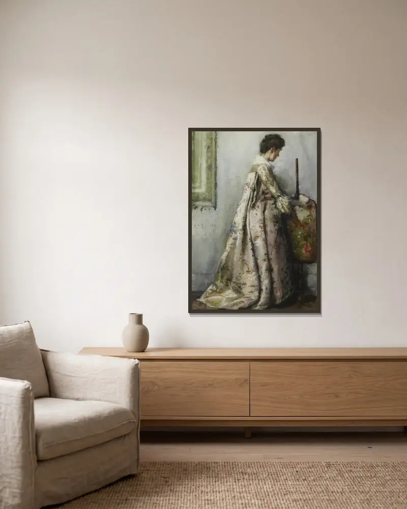 Das Seidenkleid, Porträt von Maria Tuke Sainsbury von Henry Scott Tuke gerahmt an einer Wand